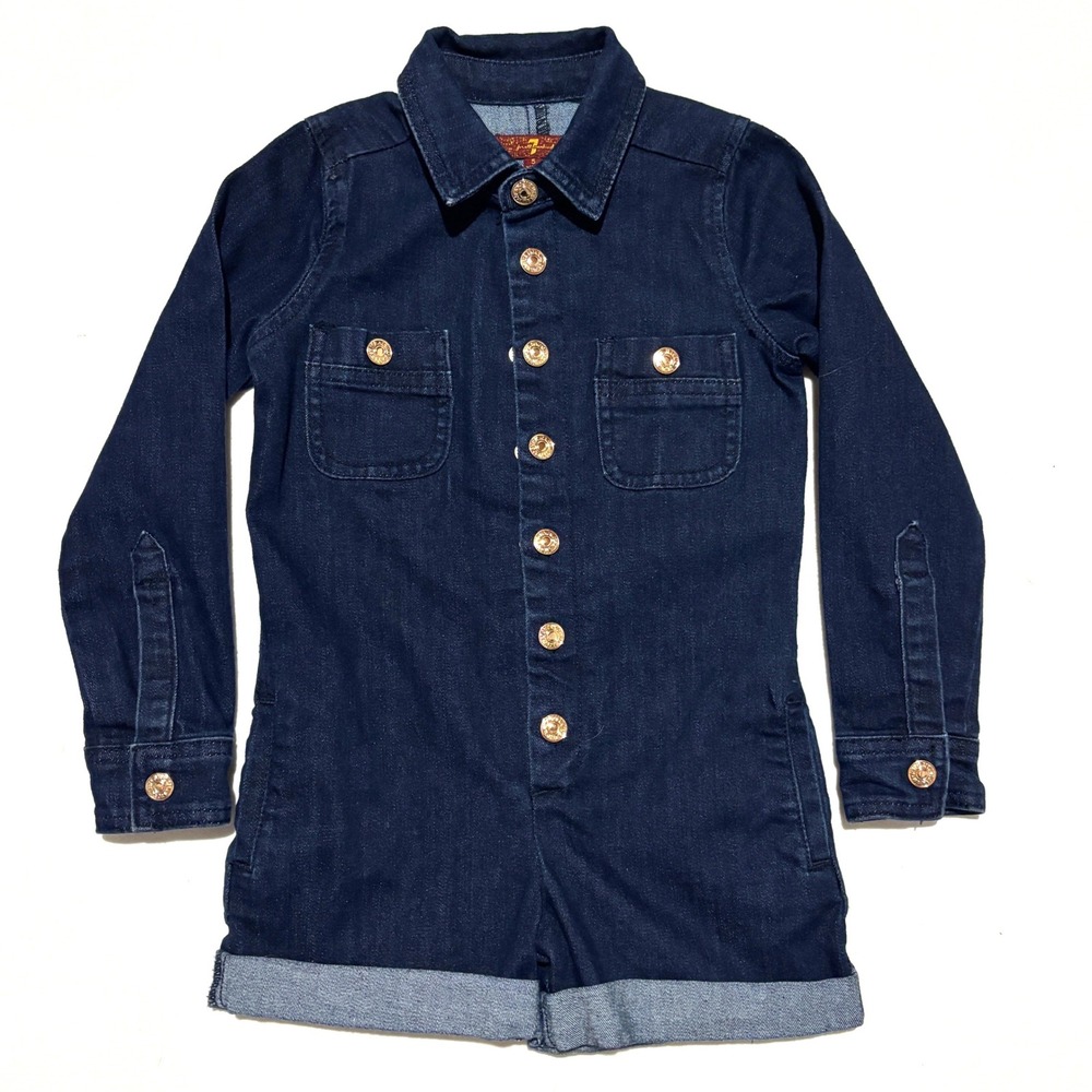 SEVEN FOR ALL MANKIND‎ Kids Denim Jean Romper Jumpsuit One Piece Gold Button 5